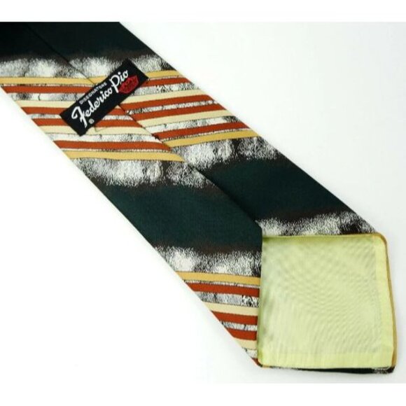 Federico Pio Vintage Wide Tie Dark Green Gold Brown Striped Necktie - Picture 2 of 2